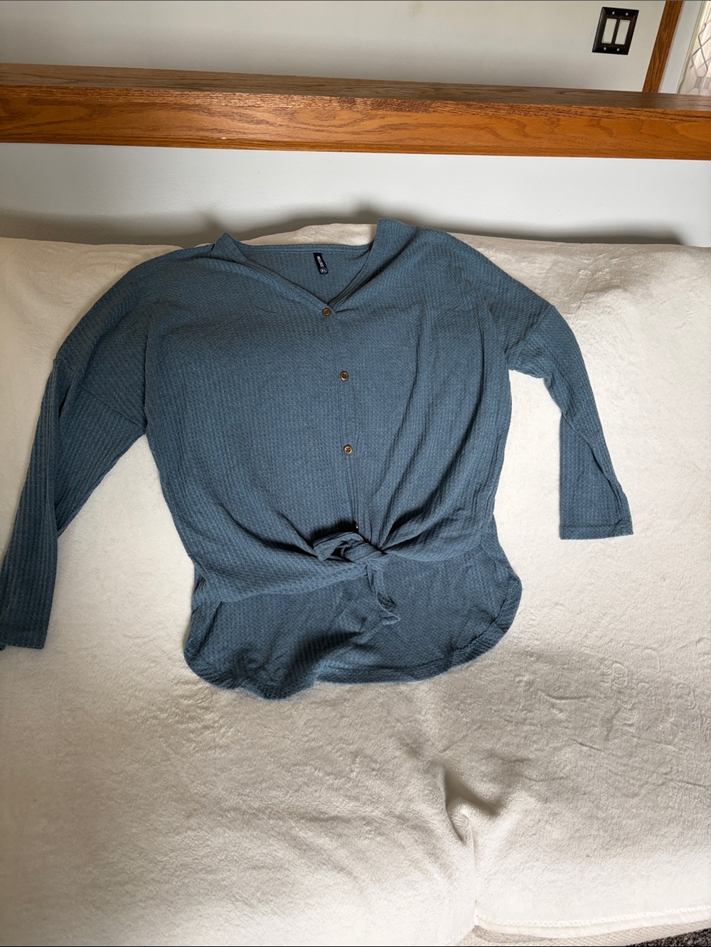 Waffle Knit Button-Front Tie-Hem Tunic in Teal Blue